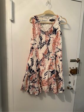 Ivanka Trump White Floral A-Line Dress with Coral and Navy Print